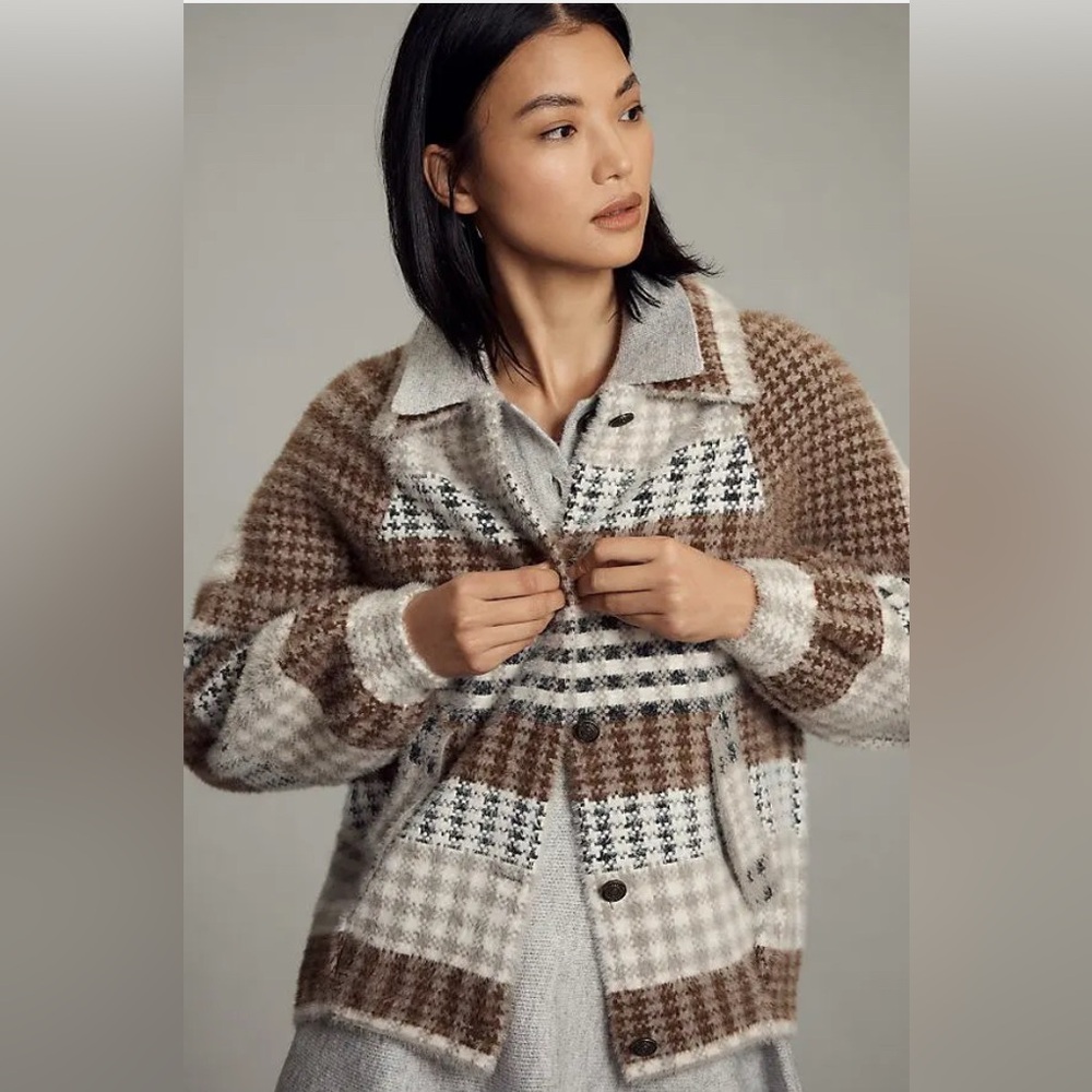 NVLT Brown and Cream Plaid Bomber Jacket NWOT
